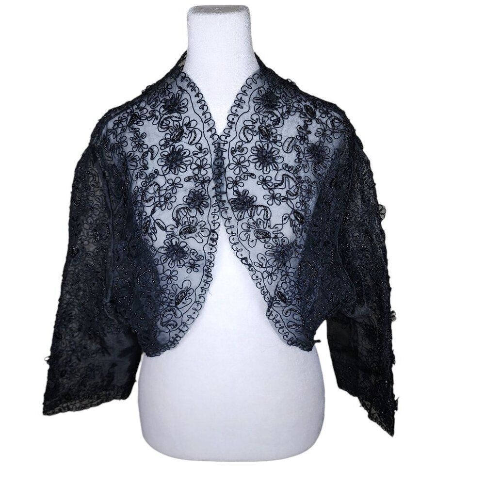 Vintage 90s Sheer Beaded Bolero Shrug Womens 2XL Black Lace